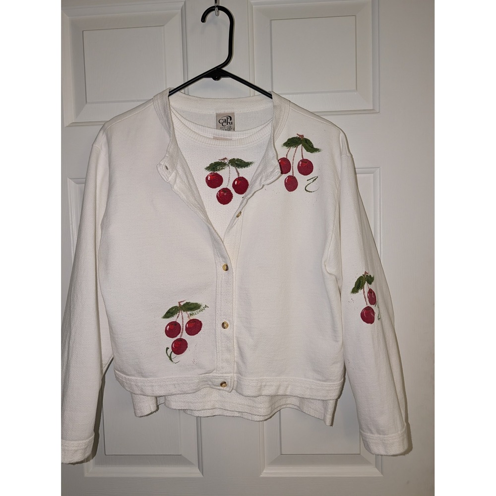 Vintage Hand Paint Cherry Cardigan & Top S/M Kitschy Cottagecore Art To Wear